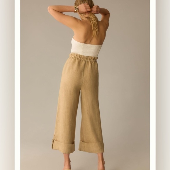 Anthropologie Natalia Linen Wide Leg Pants Women’s L High Waist Crop Boho Tan - Picture 15 of 16